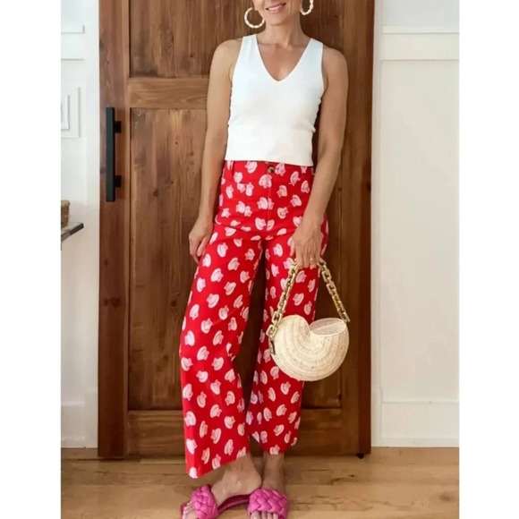 Anthropologie Maeve Colette Wide Leg Cropped Pants Seashell Beach Red 32P Petite - Picture 1 of 14
